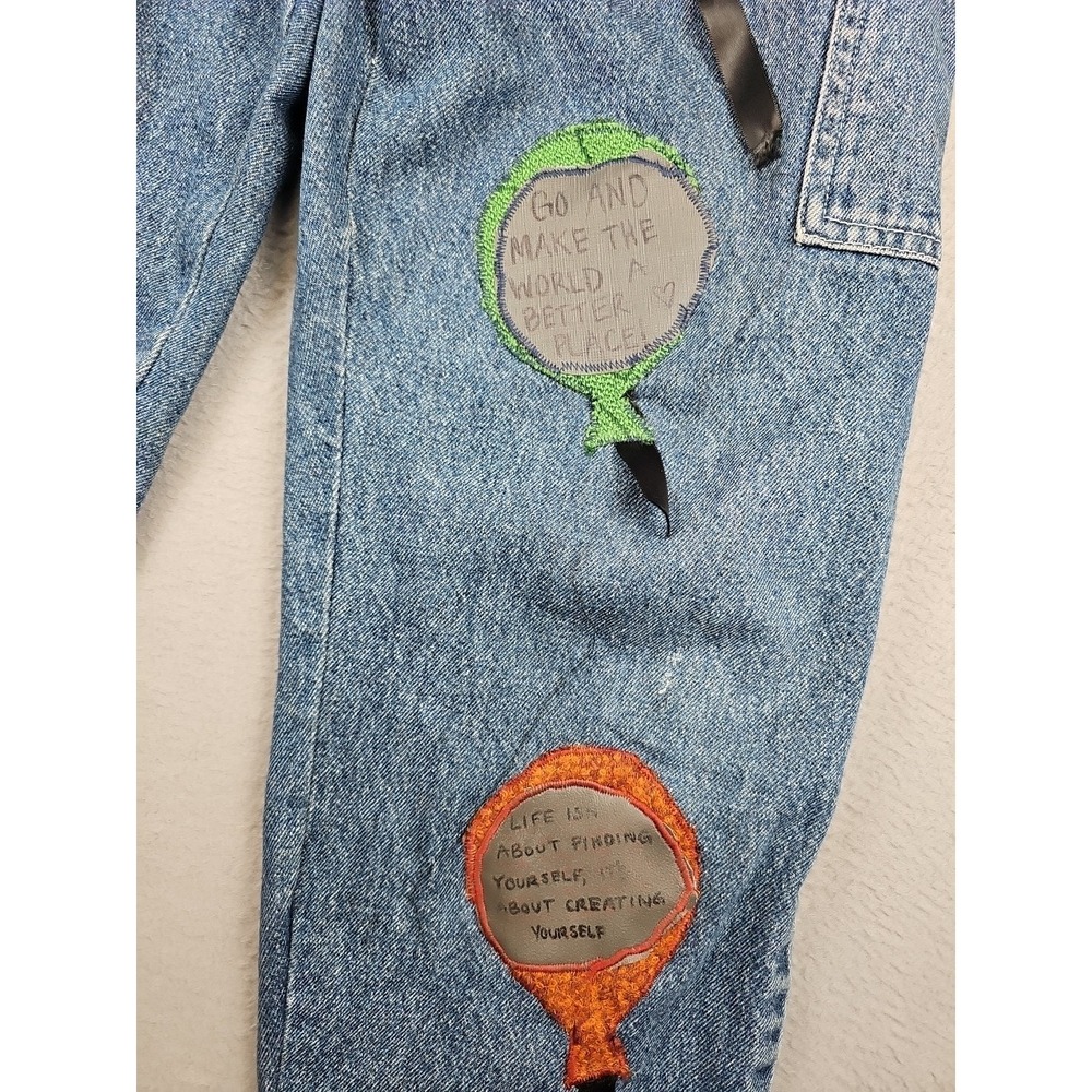 Vintage Sasson Denim Overalls Women's Medium Blue Custom Patches Cropped BOHO - Picture 6 of 13